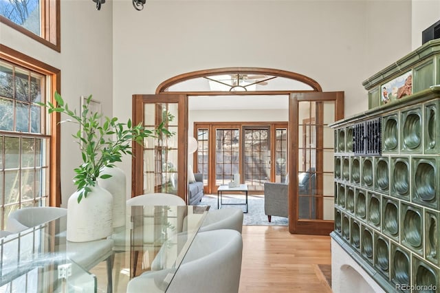 interior space with a wealth of natural light, a towering ceiling, and light wood finished floors