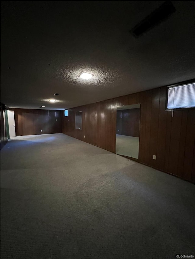 basement featuring carpet flooring, wooden walls, and a textured ceiling