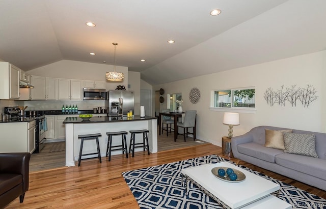 living room featuring light hardwood / wood-style floors and vaulted ceiling