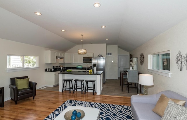 living room with dark hardwood / wood-style floors, lofted ceiling, and sink