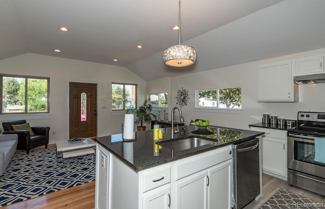 kitchen with plenty of natural light, sink, lofted ceiling, and appliances with stainless steel finishes