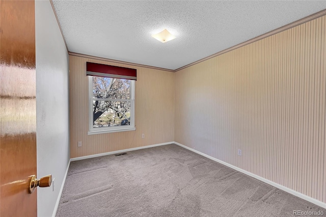 empty room featuring crown molding, carpet, and a textured ceiling