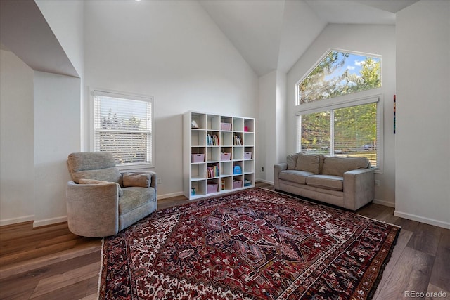 living area with high vaulted ceiling, dark hardwood / wood-style flooring, and plenty of natural light