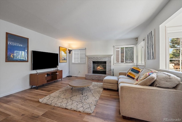 living room featuring a fireplace and wood-type flooring