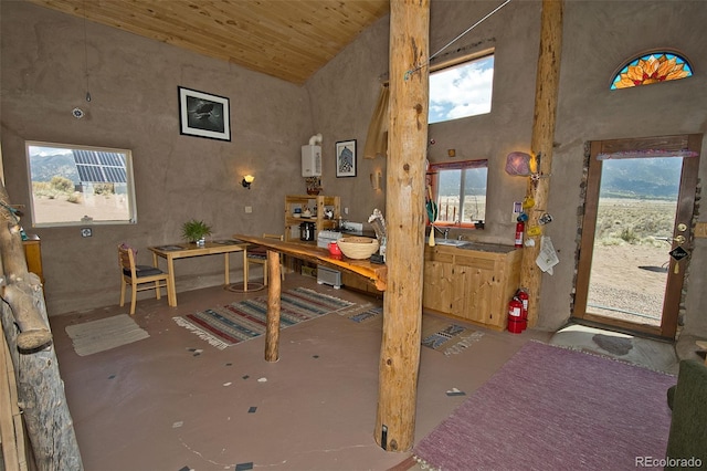 miscellaneous room with plenty of natural light, wooden ceiling, and a towering ceiling