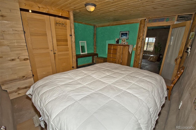 bedroom featuring a closet and wooden ceiling