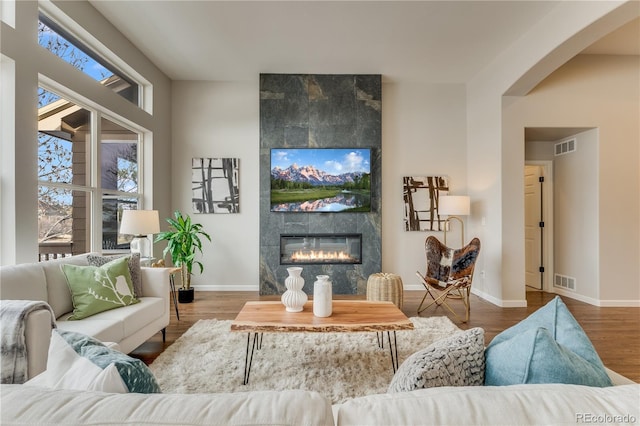 living room with a fireplace and hardwood / wood-style flooring