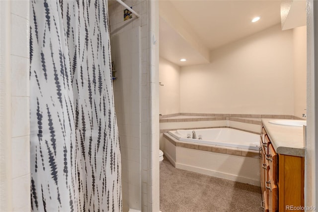 full bathroom with vanity, plus walk in shower, and toilet