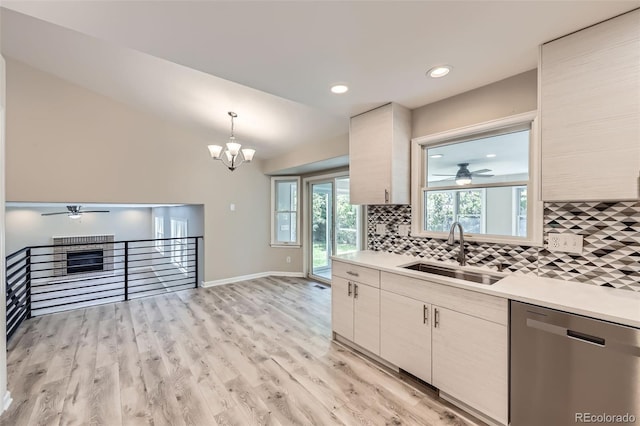 2552 E 126th Way, Thornton, CO 80241 - kitchen with a sink, dishwasher, a ceiling fan, backsplash, and recessed lighting