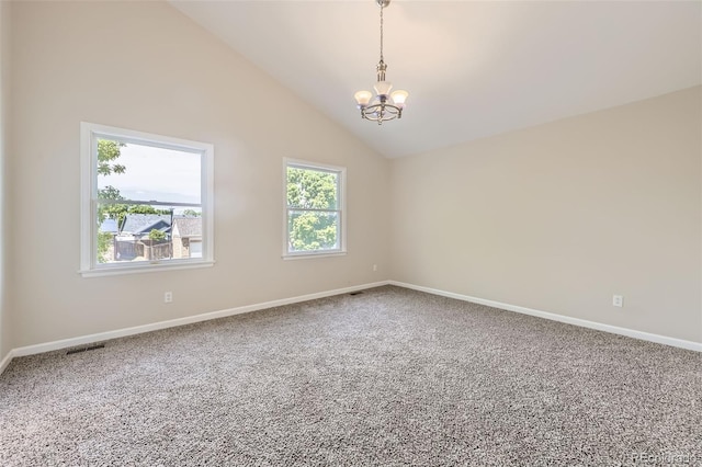 2552 E 126th Way, Thornton, CO 80241 - empty room featuring a chandelier, carpet floors, baseboards, and vaulted ceiling