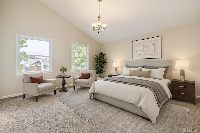 2552 E 126th Way, Thornton, CO 80241 - bedroom featuring light colored carpet, a chandelier, and vaulted ceiling