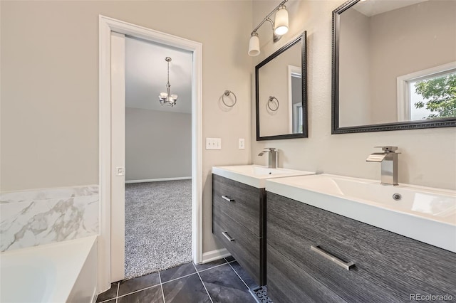 2552 E 126th Way, Thornton, CO 80241 - full bathroom featuring double vanity, tile patterned flooring, a garden tub, and a chandelier