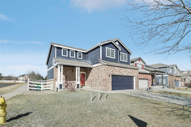 view of front of property with a porch, fence, concrete driveway, an attached garage, and brick siding