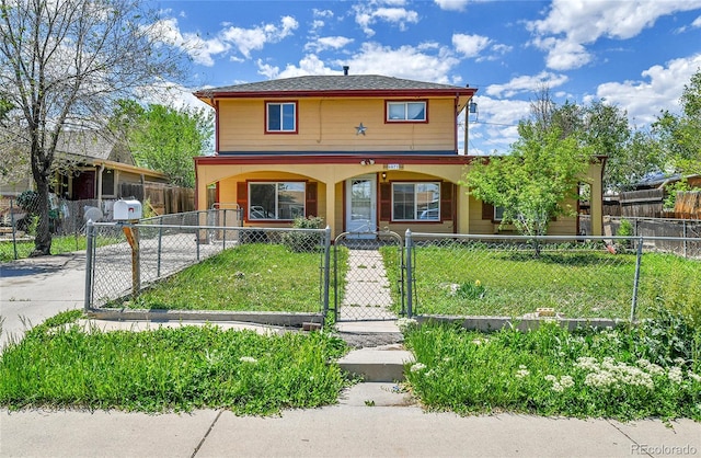 6671 Grove St, Denver, CO 80221 - view of front of house featuring a gate, covered porch, and driveway