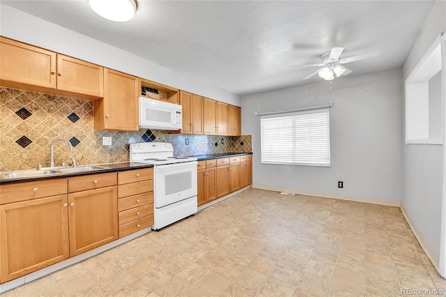 6671 Grove St, Denver, CO 80221 - kitchen with white appliances, a sink, tasteful backsplash, dark countertops, and ceiling fan