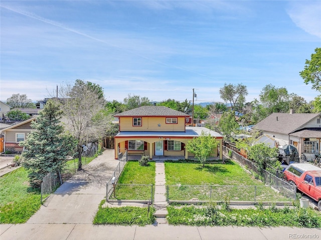 6671 Grove St, Denver, CO 80221 - view of front of property featuring covered porch, concrete driveway, and a gate