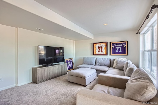 living room featuring light colored carpet