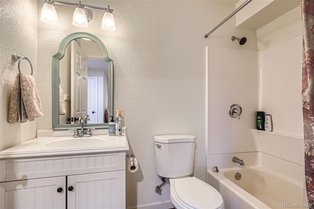 full bathroom with toilet, vanity, and shower / tub combo with curtain