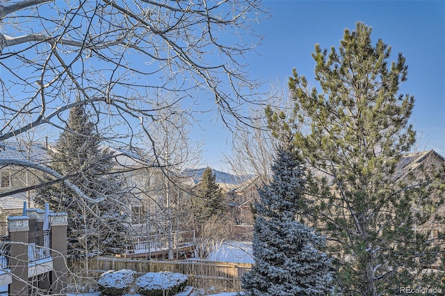 yard covered in snow with a mountain view