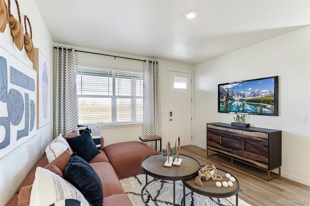 living area with baseboards and light wood-style flooring