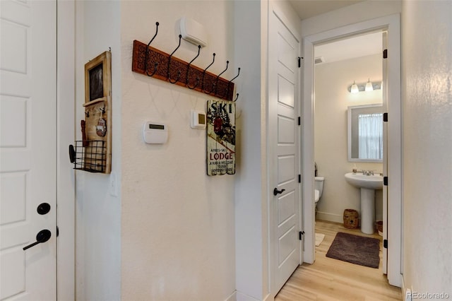 bathroom with wood-type flooring and sink