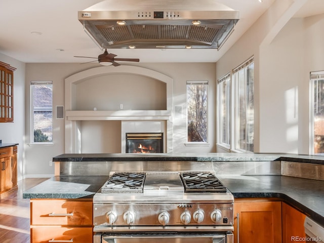 kitchen featuring gas range, light hardwood / wood-style flooring, white dishwasher, ceiling fan, and exhaust hood