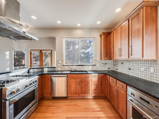 kitchen with island range hood, sink, decorative backsplash, light hardwood / wood-style floors, and stainless steel appliances