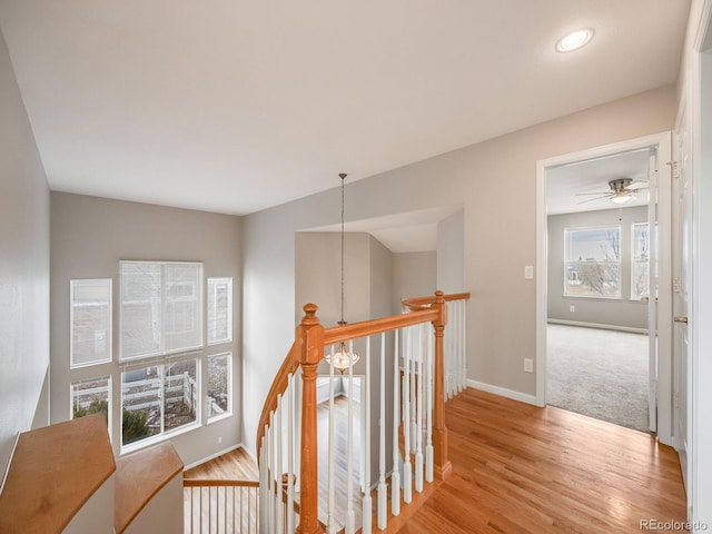 hall with an inviting chandelier and light hardwood / wood-style flooring