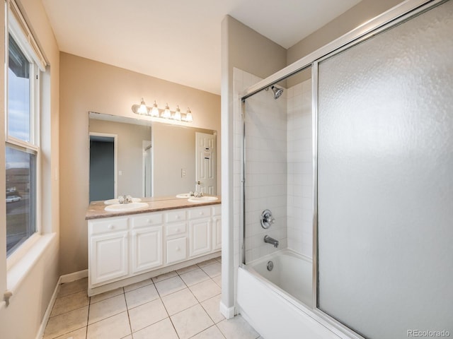 bathroom with tile patterned flooring, vanity, and enclosed tub / shower combo