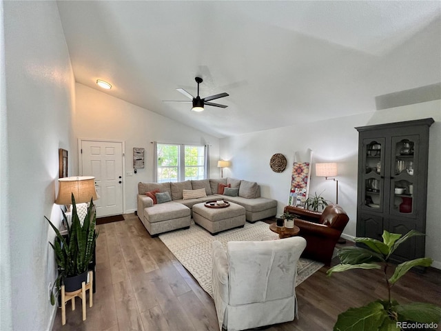 4178 E 94th Pl, Thornton, CO 80229 - living room featuring ceiling fan, wood finished floors, and vaulted ceiling