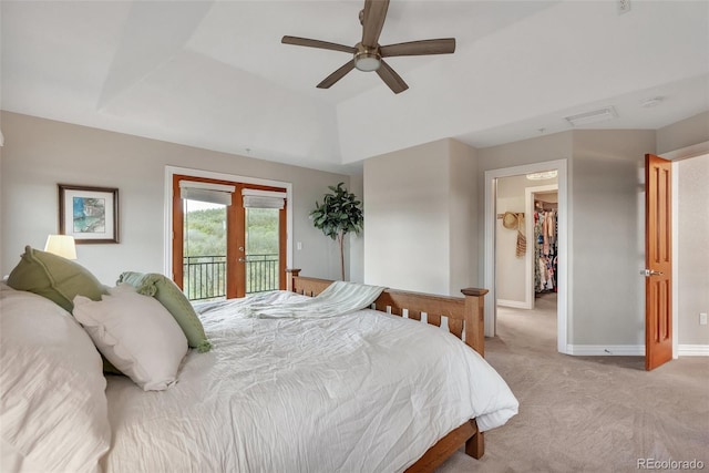 bedroom featuring access to outside, french doors, light carpet, baseboards, and ceiling fan