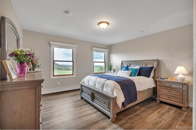 bedroom featuring baseboard heating, wood finished floors, and baseboards