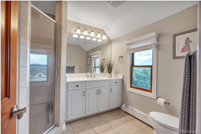 full bath with a baseboard radiator, lofted ceiling, a stall shower, tile patterned flooring, and vanity