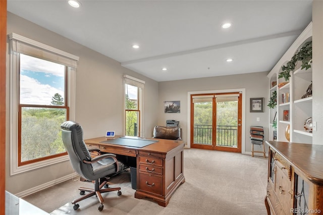 office featuring light carpet, baseboards, and recessed lighting