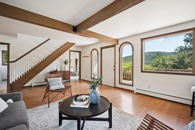 5939 S Skyline Dr, Evergreen, CO 80439 - living area featuring a baseboard radiator, a baseboard heating unit, wood finished floors, stairs, and beam ceiling