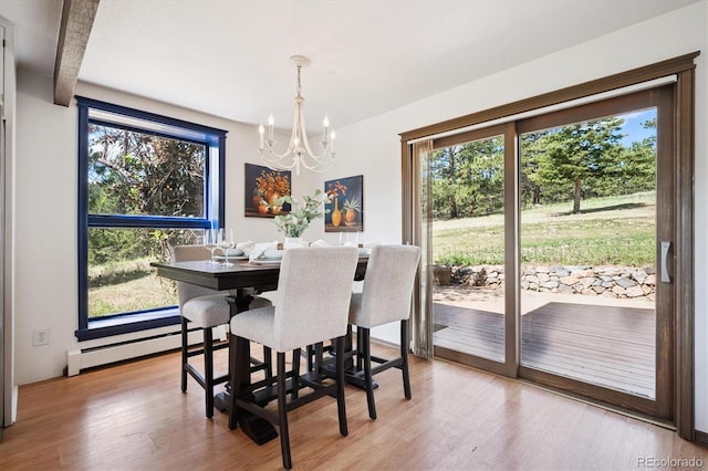 5939 S Skyline Dr, Evergreen, CO 80439 - dining room with a chandelier, baseboard heating, and wood finished floors