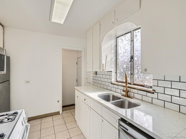 kitchen featuring backsplash, white cabinets, sink, stainless steel dishwasher, and white range oven