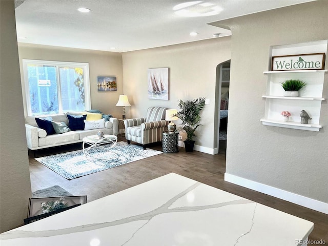 living room with dark hardwood / wood-style flooring