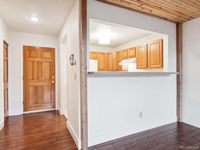 kitchen featuring light brown cabinets, wooden ceiling, dark wood-type flooring, kitchen peninsula, and white fridge