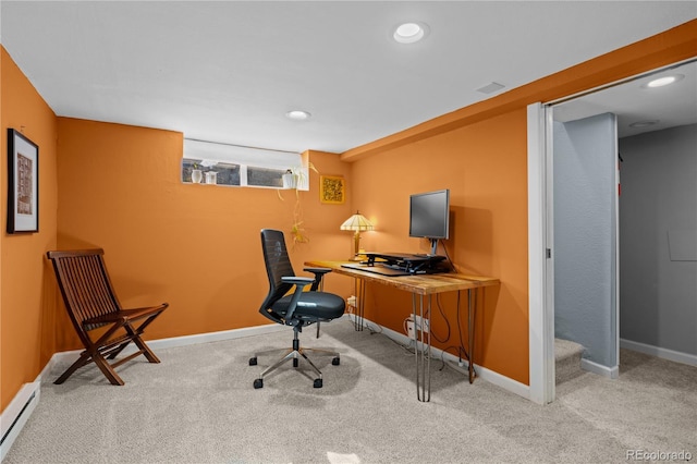 office space with baseboard heating, carpet floors, baseboards, and recessed lighting