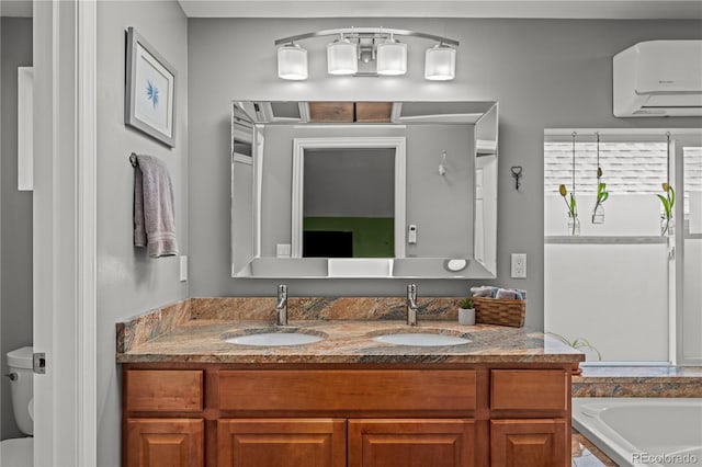 full bath with a wall mounted AC, toilet, double vanity, and a bath