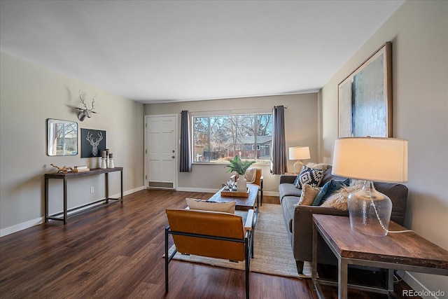 living room featuring dark wood-type flooring