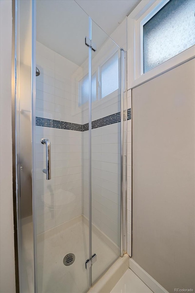 bathroom featuring a shower with shower door