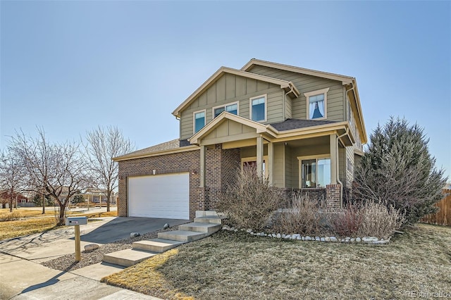 view of front of house featuring an attached garage, brick siding, a shingled roof, concrete driveway, and board and batten siding