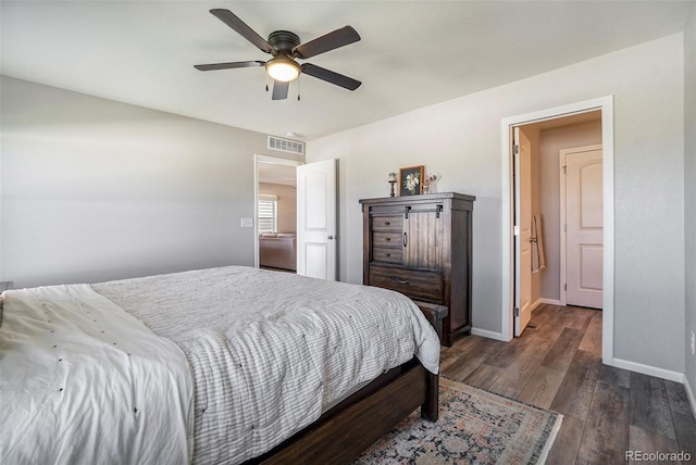 bedroom featuring ceiling fan and dark wood-type flooring