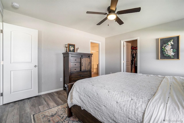 bedroom with a spacious closet, connected bathroom, ceiling fan, a closet, and dark hardwood / wood-style flooring