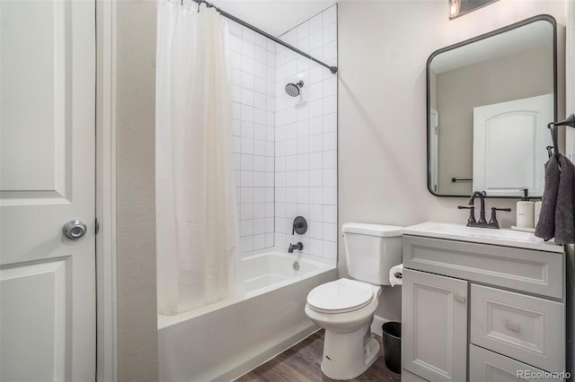 full bathroom with toilet, shower / bathtub combination with curtain, wood-type flooring, and vanity