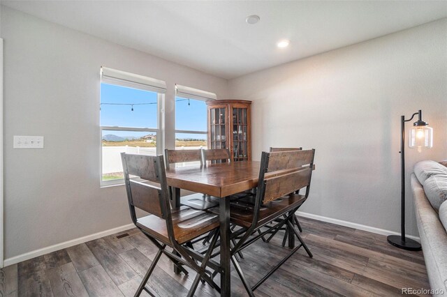 dining space with dark hardwood / wood-style flooring