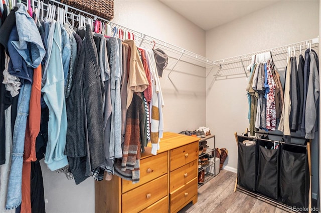 walk in closet with light hardwood / wood-style floors