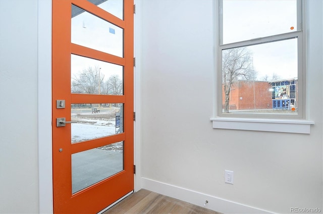 doorway with plenty of natural light and light hardwood / wood-style floors